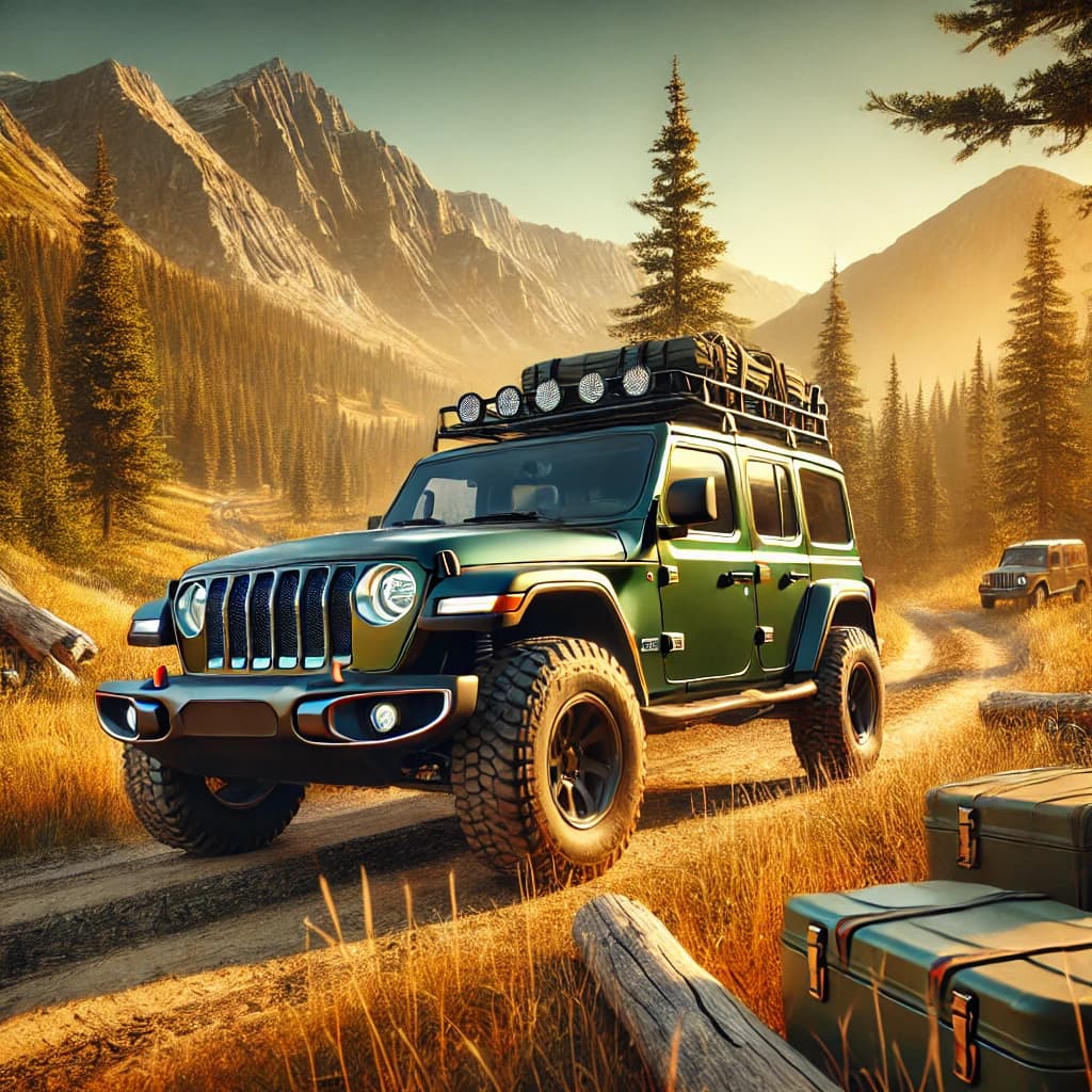 A Jeep in a scenic outdoor setting with a winch, LED lights, and off-road tires.